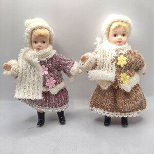 Vintage Porcelain Winter Snow Christmas Girl Doll Set Knit Outfits Moveable 5"